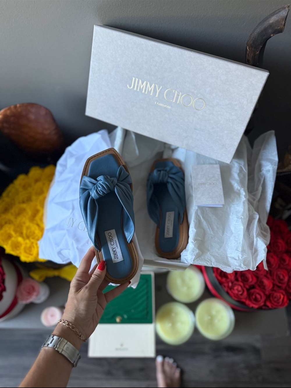 Jimmy Choo blue sandals size 35 bow leather mules